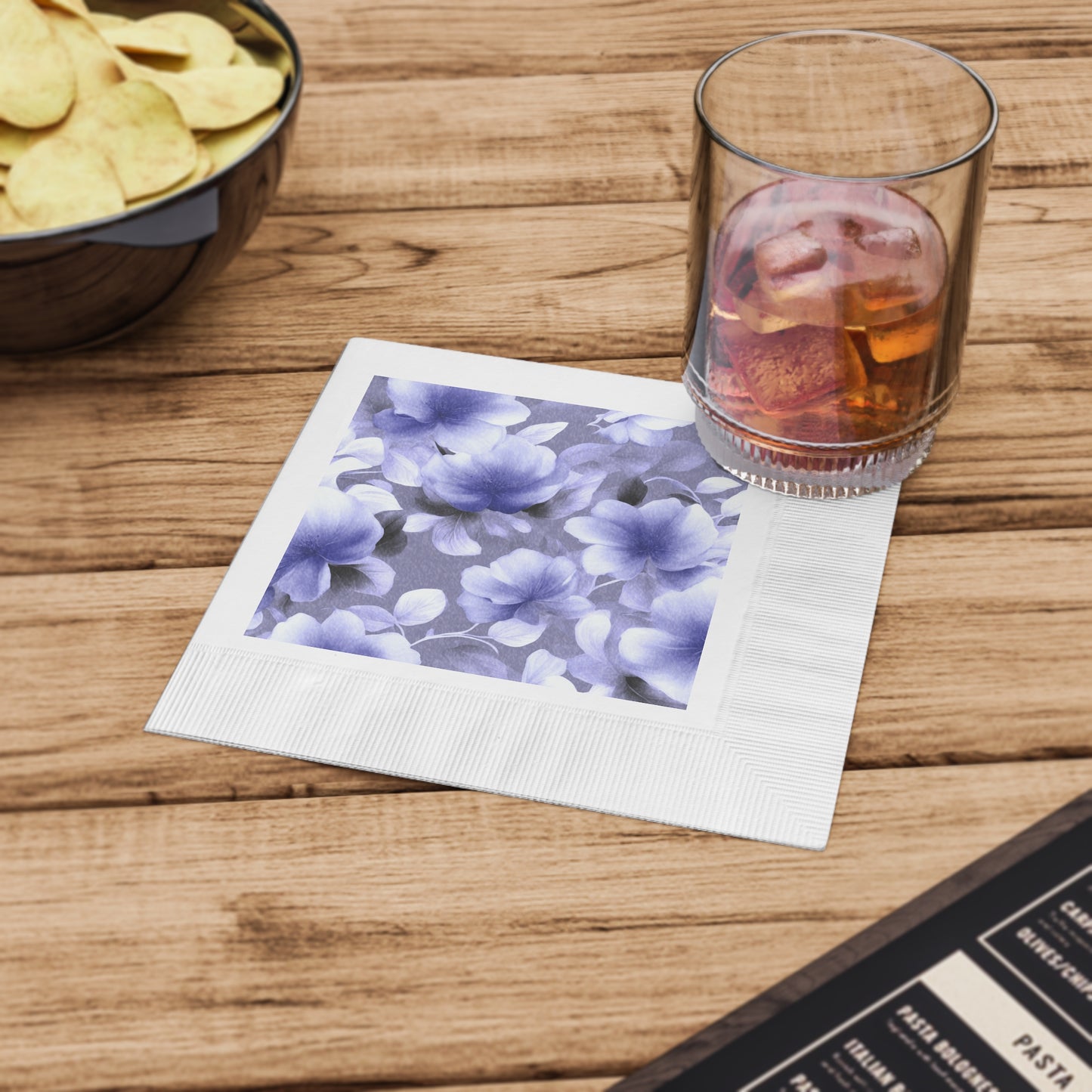 Indigo Blossom Floral Bunch White Coined Napkins, 6.5" x 6.5"