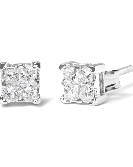 .925 Sterling Silver 1/4 Cttw Invisible Set Princess Diamond Composite Quad Stud Earrings (I-J Color, I1-I2 Clarity)