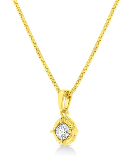 14K Yellow Gold Plated .925 Sterling Silver Brilliant Round Cut Diamond Solitaire Milgrain 18" Pendant Necklace