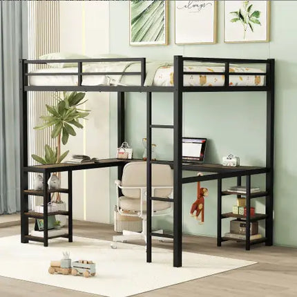 Metal Loft Bed With Desk, Shelves, Ladder, Guardrails - Bedroom Frame