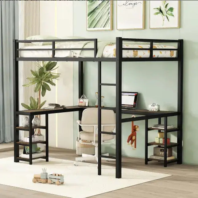Metal Loft Bed With Desk, Shelves, Ladder, Guardrails - Bedroom Frame
