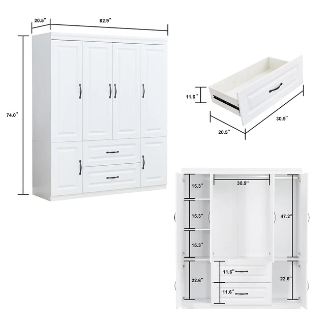 White Solid Wood Freestanding Wardrobe Closet for Clothes Storage. Bedroom Wardrobe Storage Cabinet featuring 2 Hanging Rod Shelves, 2 Drawers, and 5 Storage Compartments