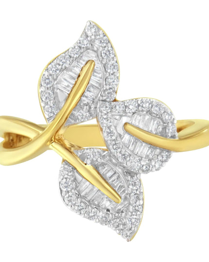 18K Yellow and White Gold Plated .925 Sterling Silver 3/8 Cttw Baguette and Round Diamond Bypass Triple Leaf Ring (I-J Color, I1-I2 Clarity)