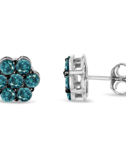 Sterling Silver Treated Blue Diamond Floral Stud Earrings (1 cttw, Blue Color, I2-I3 Clarity)
