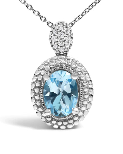 .925 Sterling Silver Oval Blue Topaz and Diamond Accent with Beaded Halo Pendant Necklace - 18" Inches