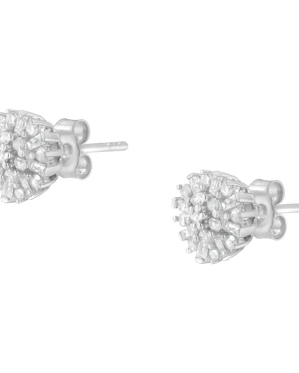 .925 Sterling Silver 1/2 Round and Baguette Diamond Sunburst Floral Cluster Stud Earrings (I-J Color, I3 Clarity)