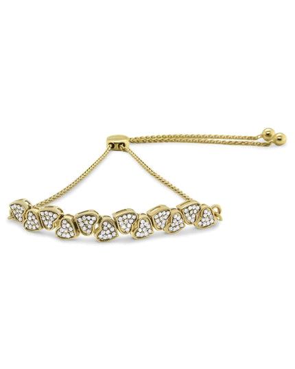 Yellow Gold Plated .925 Sterling Silver 1/2 Cttw Diamond Sideways Hearts Bolo Bracelet (H-I Color, I1-I2 Clarity) - 4”-10” Adjustable