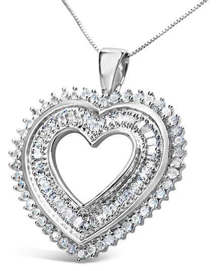 .925 Sterling Silver 1.0 Cttw Baguette and Round Diamond  Heart Pendant 18" Necklace (H-I Color, I3 Clarity)