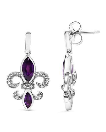 .925 Sterling Silver Marquise Cut Amethyst and Diamond Accent Fleur De Lis Dangle Stud Earrings (H-I Color, SI1-SI2 Clarity)