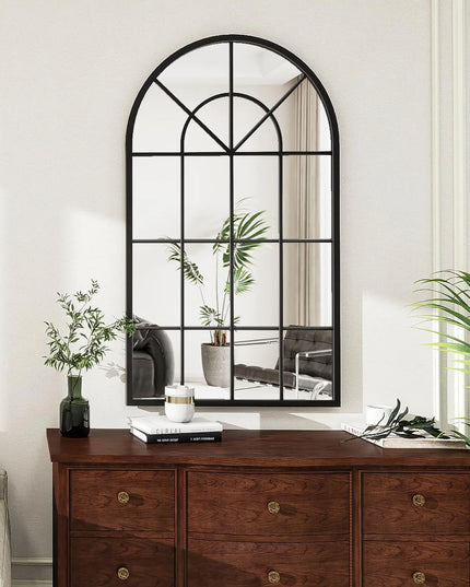 Arched Wall Mirror, 42" x 24"  – Black Farmhouse Windowpane Mirror with Iron Frame, Wall Mounted for Bathroom, Bedroom, Entryway, or Living Room