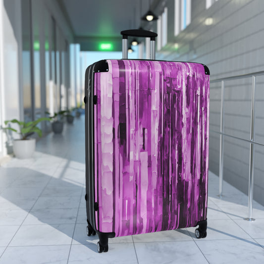 Striped Powder Lavender Large Suitcase with built in lock, 4 double-wheels, telescopic handle, and ABS back hard-shell