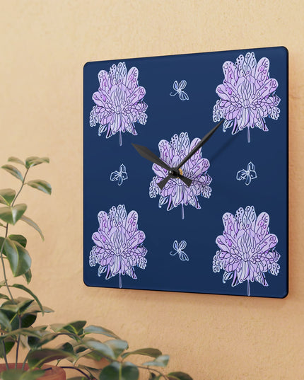 Purple White Floral Butterflies Acrylic Wall Clock, Round or Square, 10.75" x 10.75"