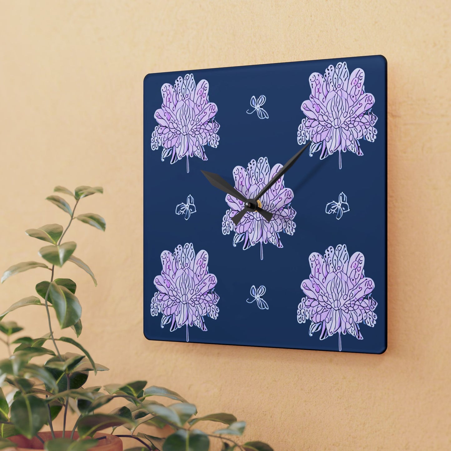 Purple White Floral Butterflies Acrylic Wall Clock, Round or Square, 10.75" x 10.75"
