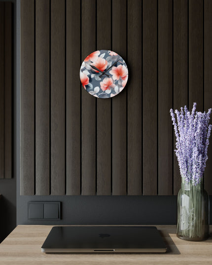 Red Blossom Floral Bunch Acrylic Round Wall Clock, 8" x 8"