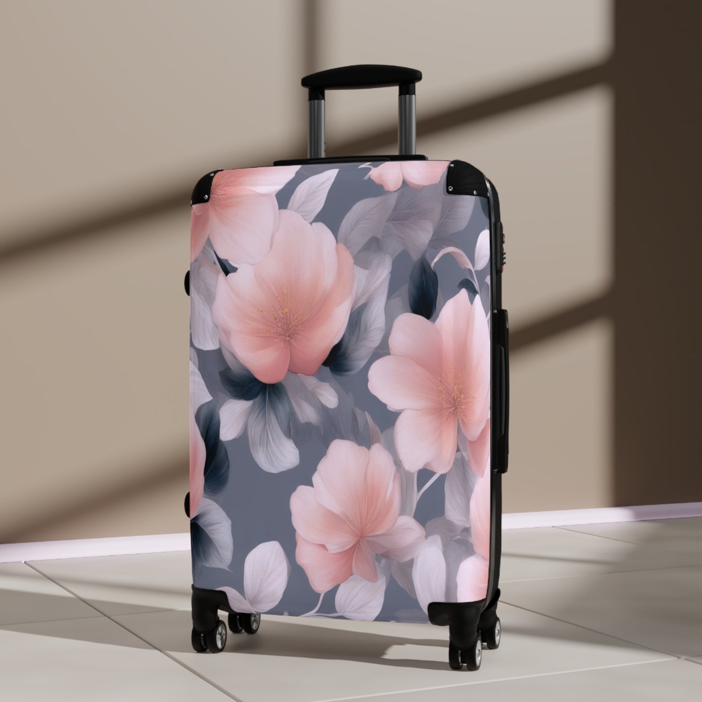 Peach and Blue Gray Floral Bunch Medium Suitcase with built in lock, 4 double-wheels, telescopic handle, and ABS back hard-shell