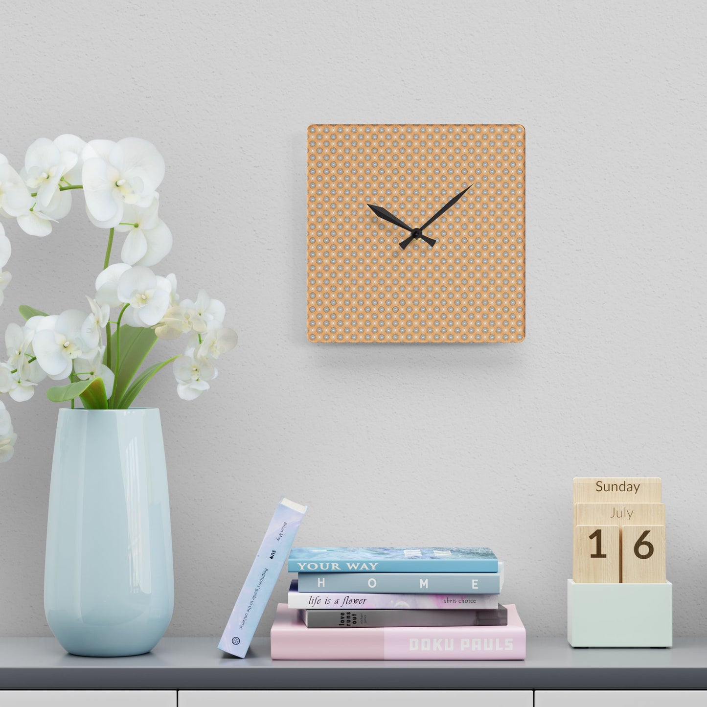 Tan Sunset Star-crossed Bodies Acrylic Wall Clock, Round or Square, 10.75" x 10.75"