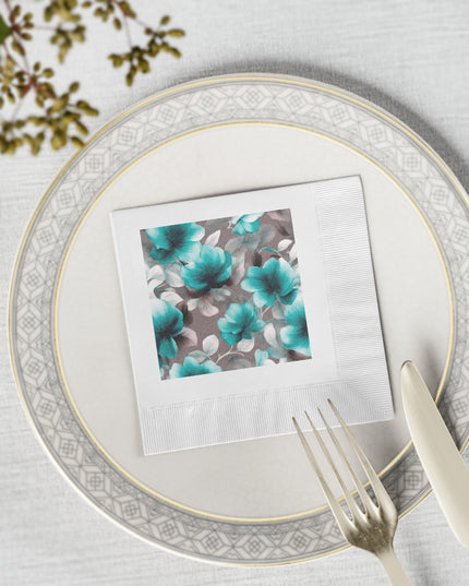 Tif Green Gray Floral Bunch White Coined Napkins, 4.8" x 4.8"