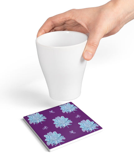Blue Floral Butterflies 4" x 4" Square Ceramic Coaster