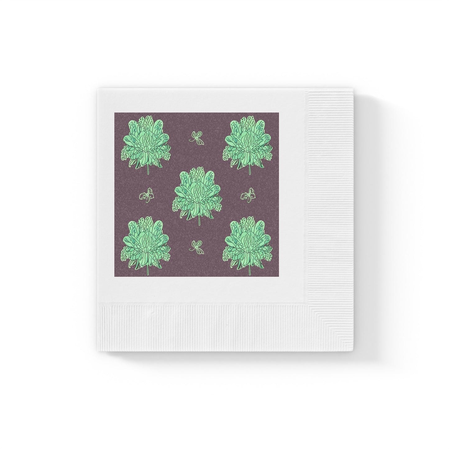 Mint Green Floral Butterflies White Coined Napkins, 4.8" x 4.8"