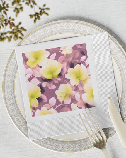 Lemon Blossom Floral Bunch White Coined Napkins, 6.5" x 6.5"
