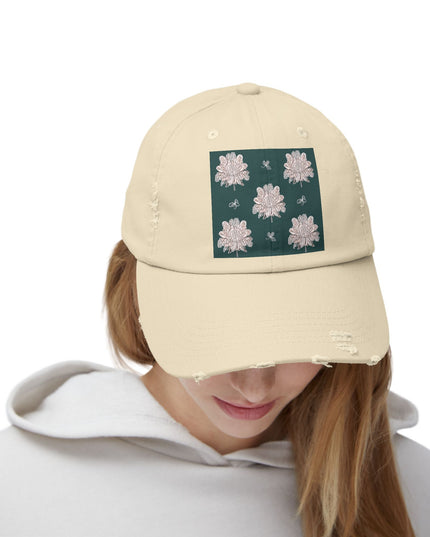 Soft White Floral Butterflies Unisex Distressed Cap