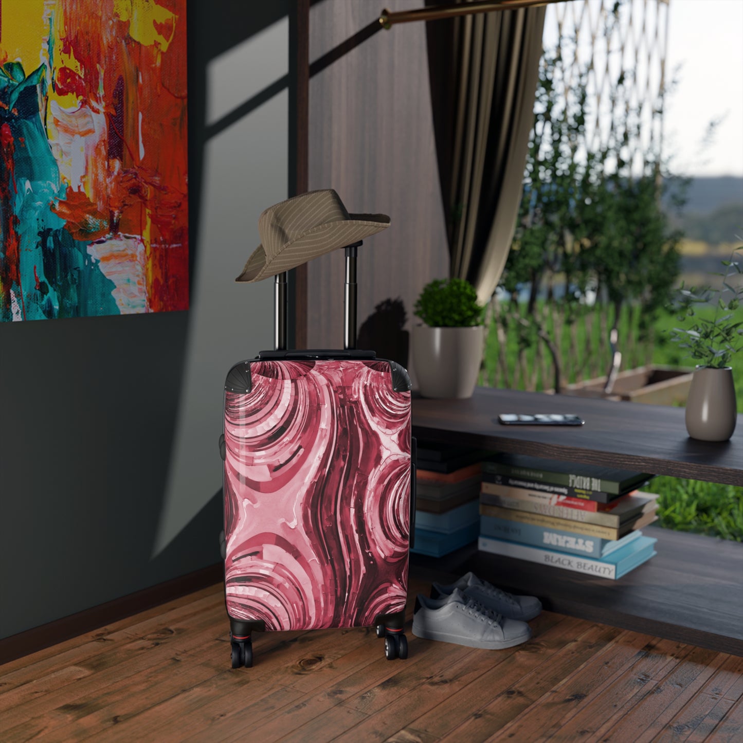 Uzi Spiral Ruby Small Suitcase with built in lock, 4 double-wheels, telescopic handle, and ABS back hard-shell