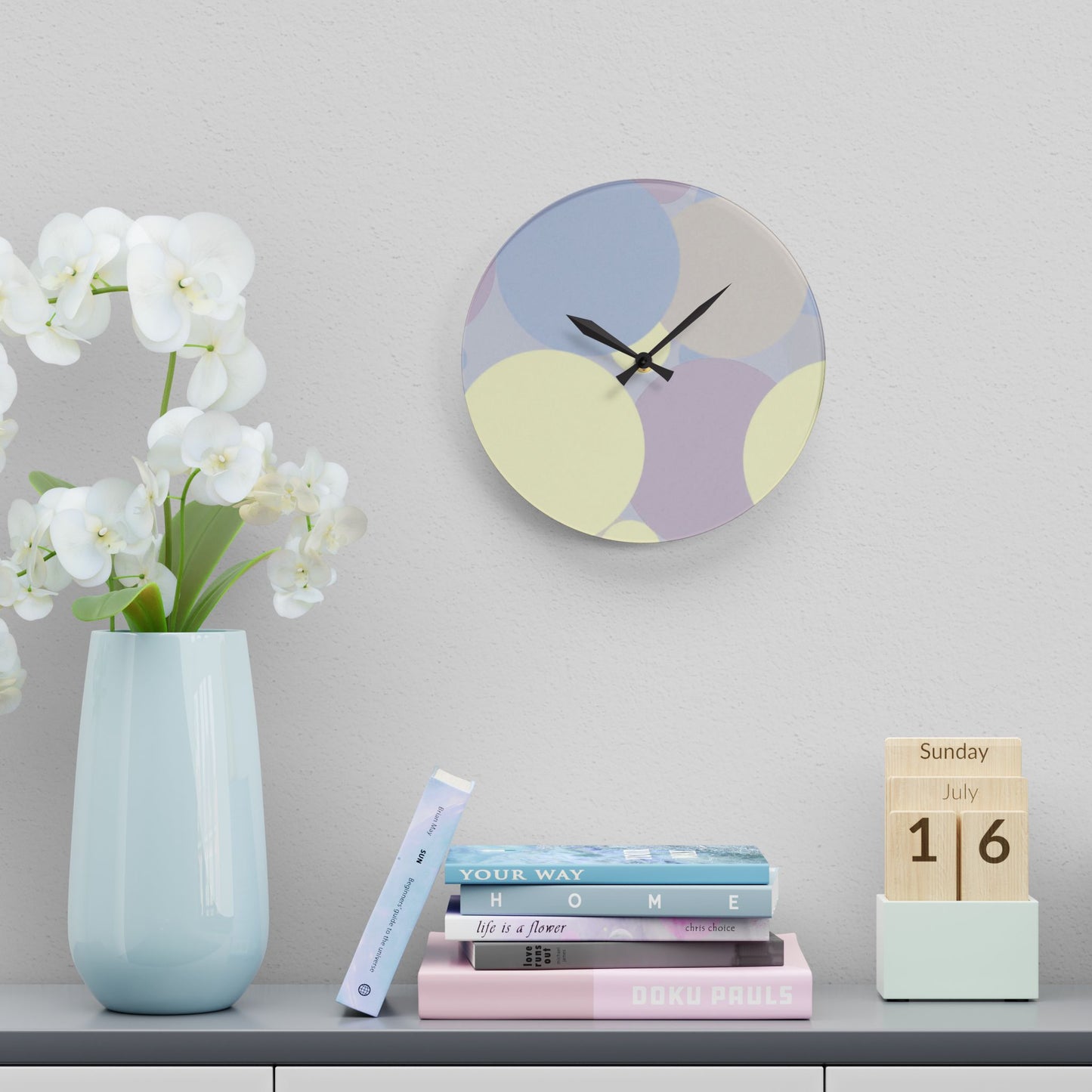 Pastel Soft Blue and Soft White Patches Acrylic Wall Clock, Round or Square, 10.75" x 10.75"