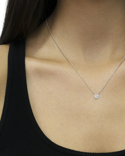 AGS Certified 10K Gold Bezel Set Round Diamond Solitaire 16-18" Adjustable Pendant Necklace (H-I Color, SI1-SI2 Clarity)