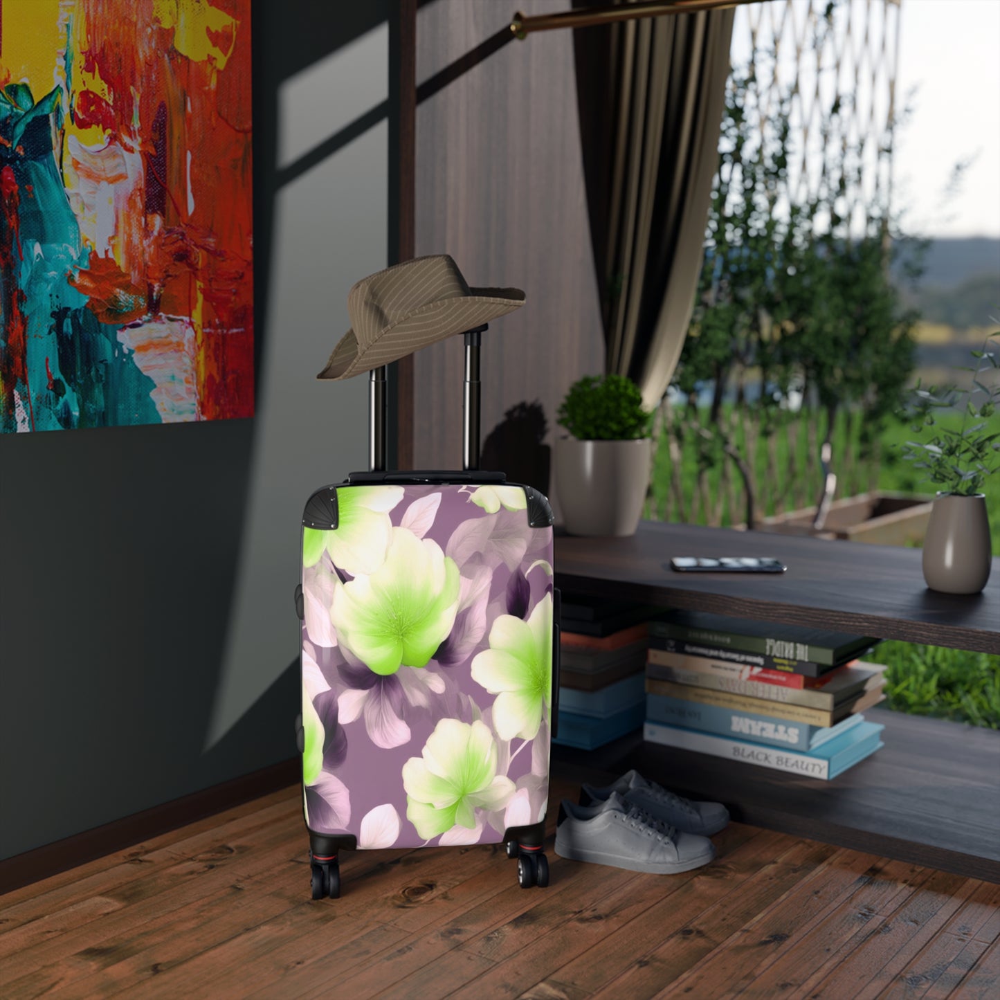 Lime Lavender Floral Bunch Small Suitcase with built in lock, 4 double-wheels, telescopic handle, and ABS back hard-shell