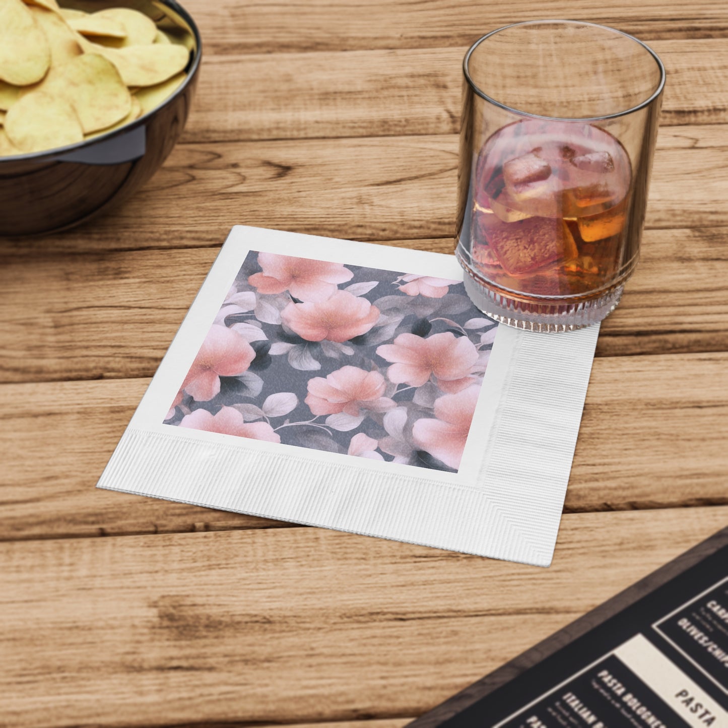 Peach and Blue Gray Floral Bunch White Coined Napkins, 6.5" x 6.5"