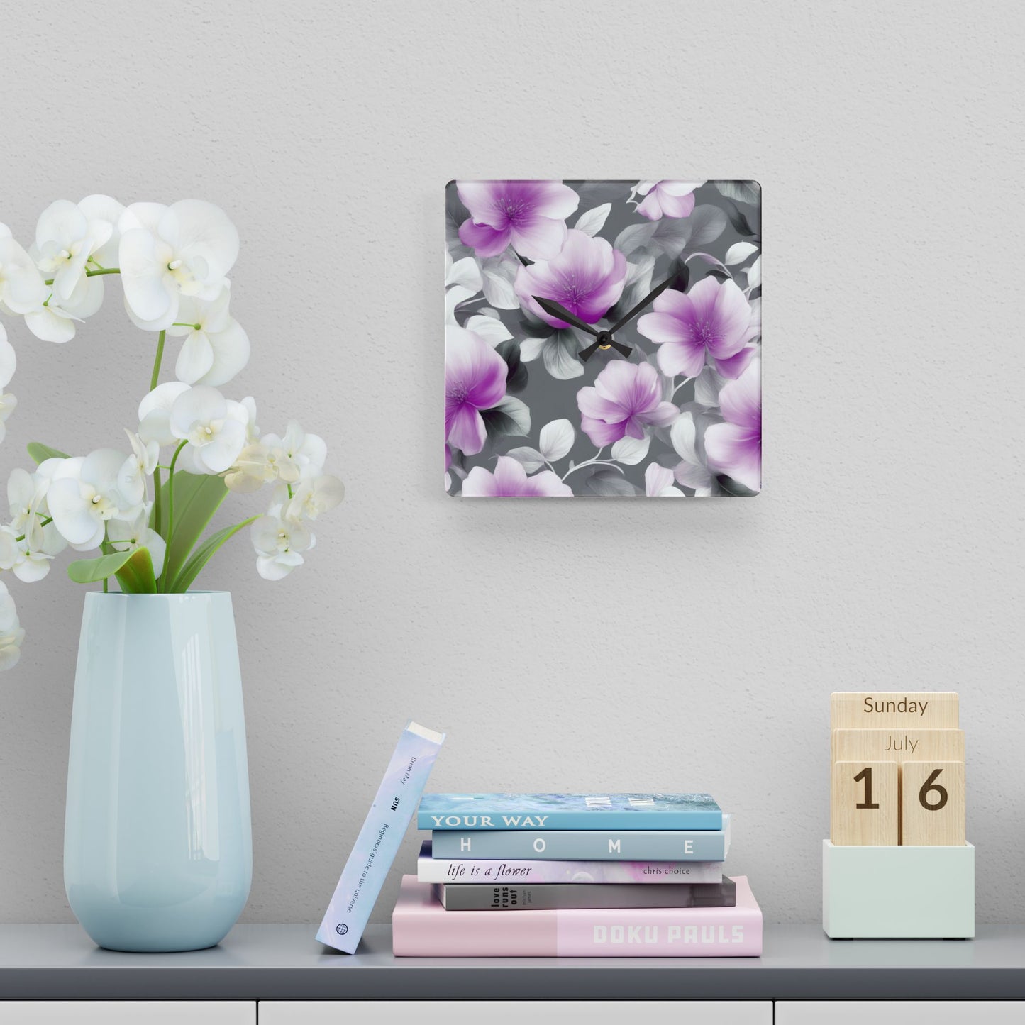 Purple Blossom Floral Bunch Acrylic Wall Clock, Round or Square, 10.75" x 10.75"