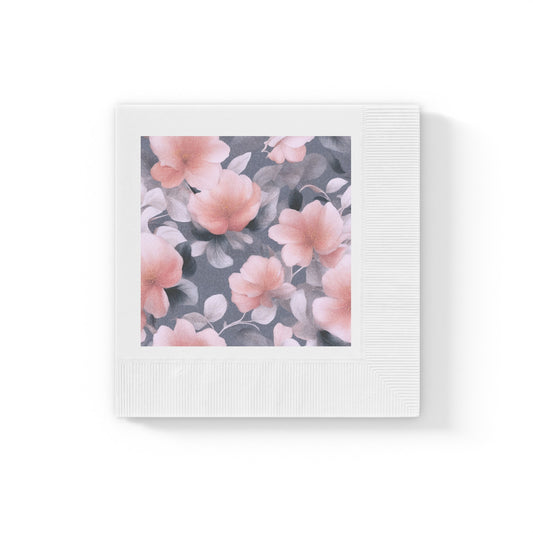 Peach and Blue Gray Floral Bunch White Coined Napkins, 6.5" x 6.5"