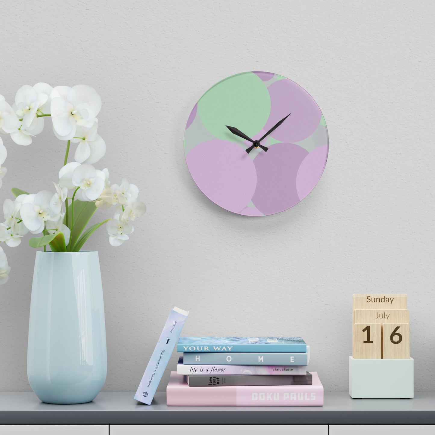 Pastel Lavender Purple and Soft Green Patches Acrylic Wall Clock, Round or Square, 10.75" x 10.75"