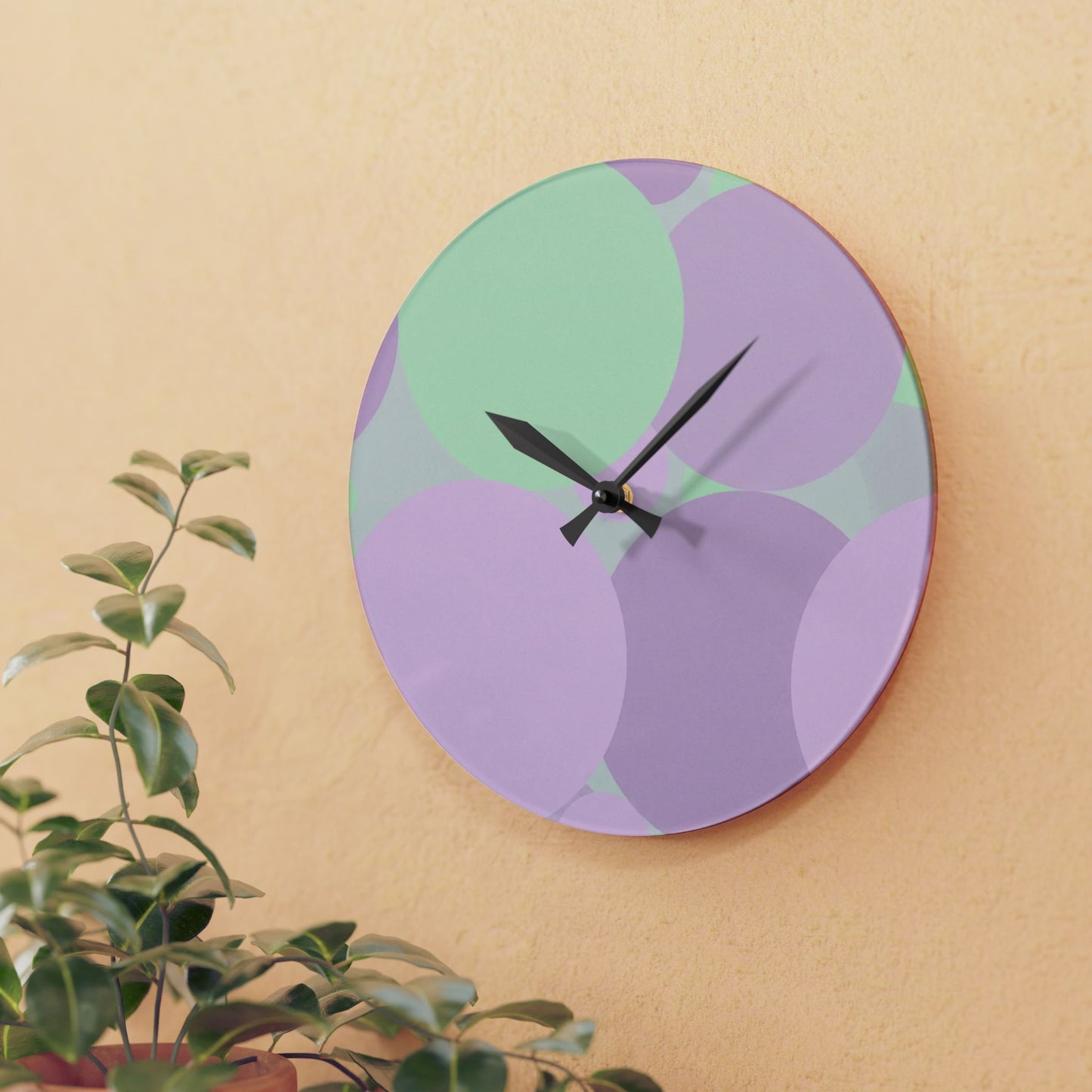 Pastel Lavender Purple and Soft Green Patches Acrylic Wall Clock, Round or Square, 10.75" x 10.75"