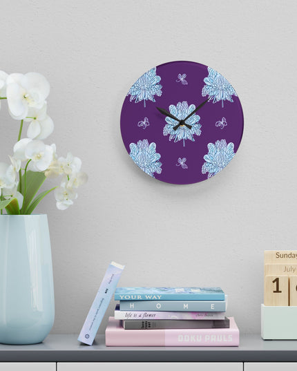 Blue Floral Butterflies Acrylic Wall Clock, Round or Square, 10.75" x 10.75"