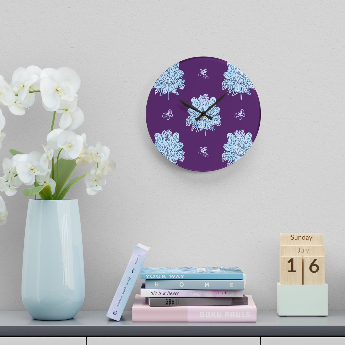 Blue Floral Butterflies Acrylic Wall Clock, Round or Square, 10.75" x 10.75"