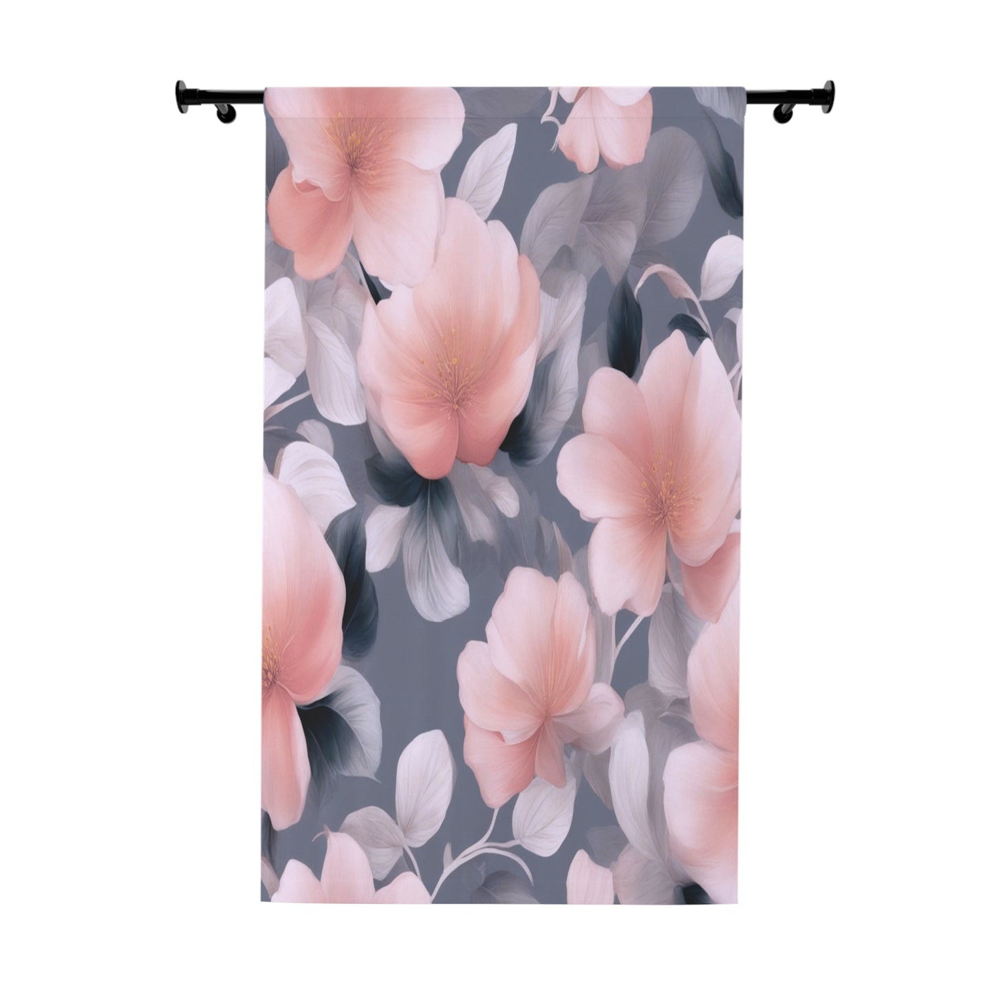 Peach and Blue Gray Floral Bunch Window Curtain, 50" x  84", blackout