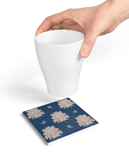 Rose White Floral Butterflies 4" x 4" Square Ceramic Coaster
