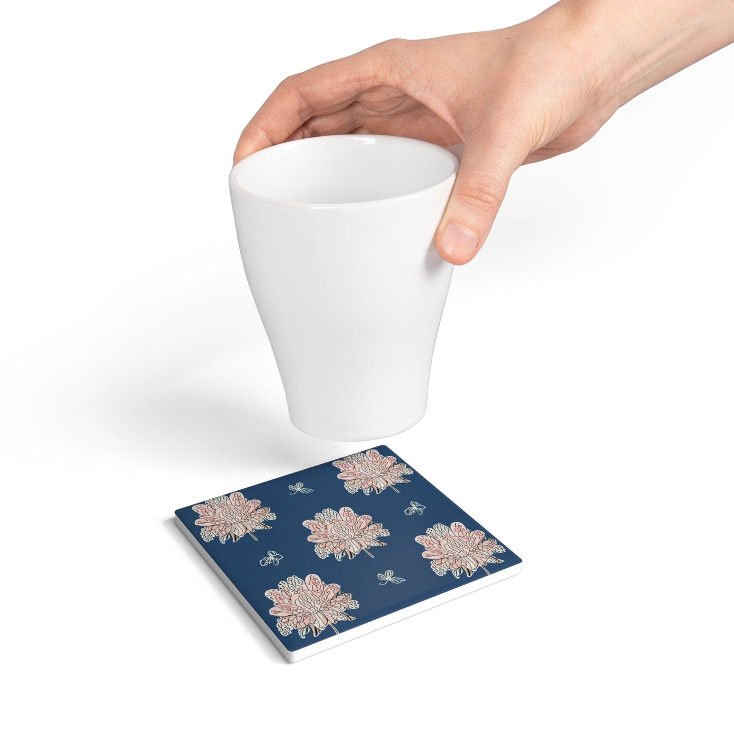 Rose White Floral Butterflies 4" x 4" Square Ceramic Coaster