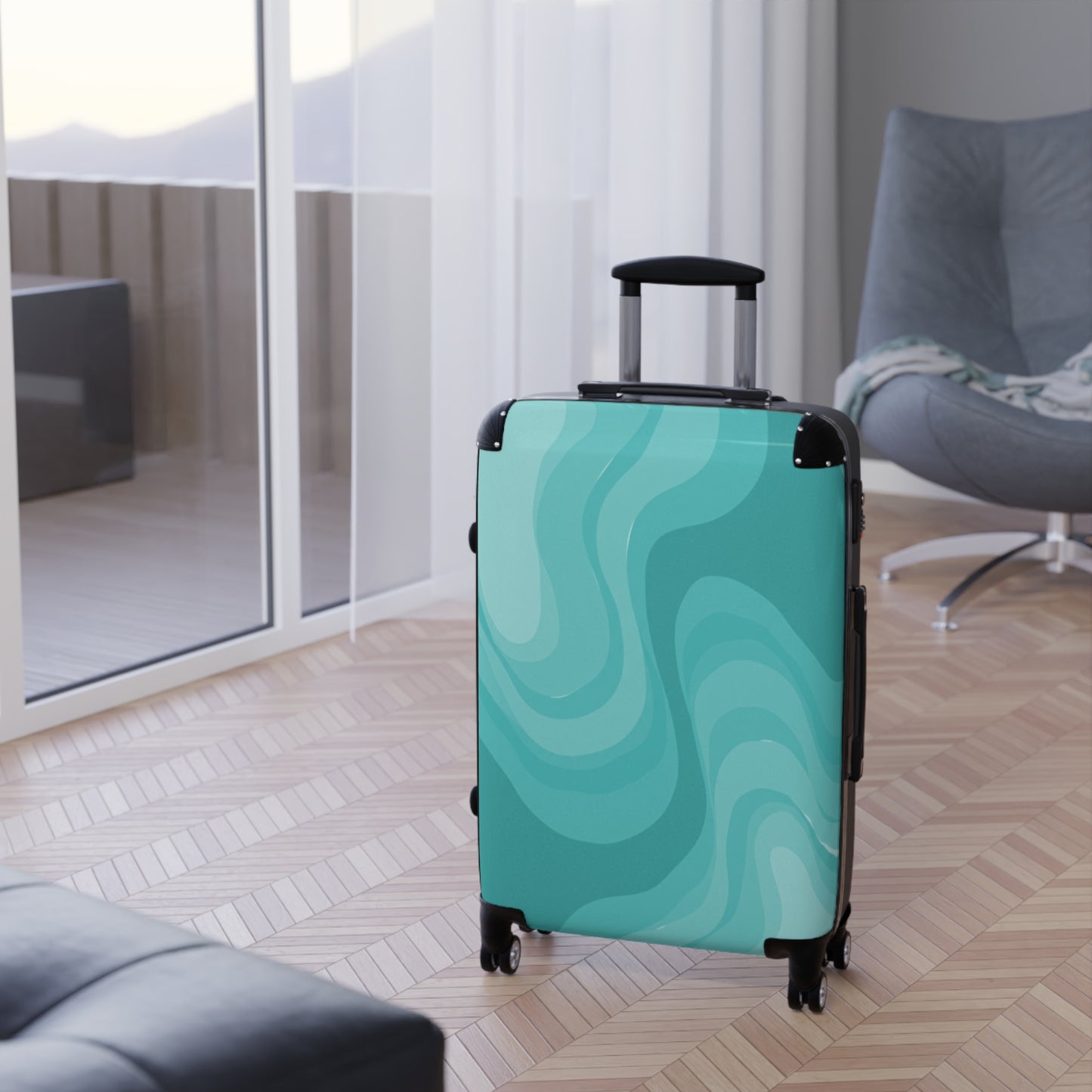 Tif Green Wavey Medium Suitcase with built in lock, 4 double-wheels, telescopic handle, and ABS back hard-shell