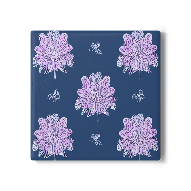 Purple White Floral Butterflies 4" x 4" Square Ceramic Coaster