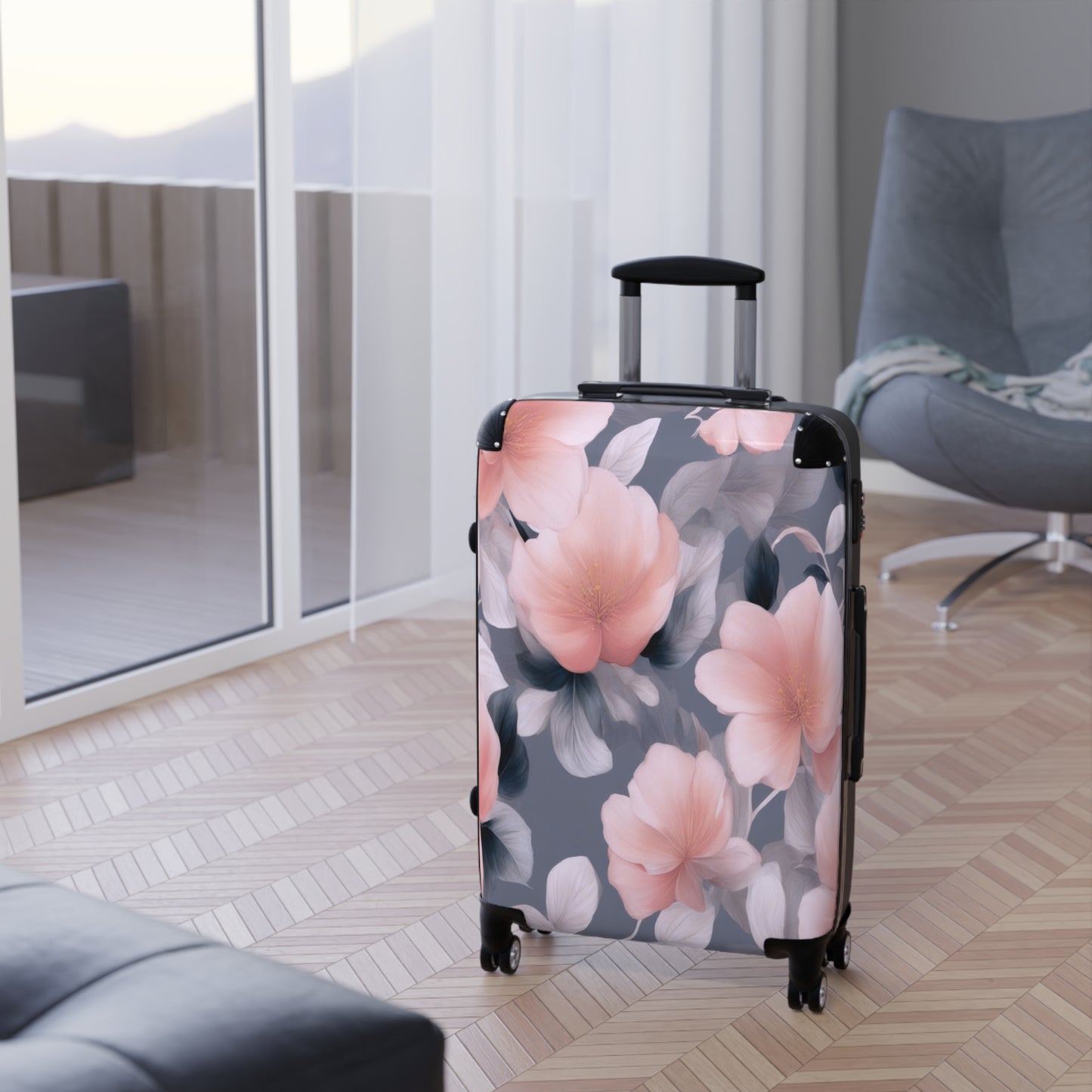 Peach and Blue Gray Floral Bunch Medium Suitcase with built in lock, 4 double-wheels, telescopic handle, and ABS back hard-shell