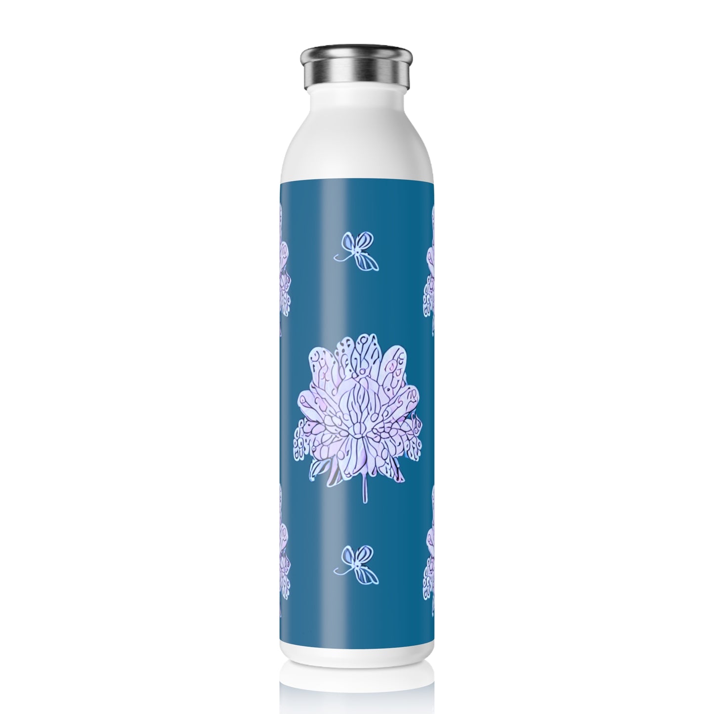 Lavender Floral Butterflies Slim Water Bottle, 20 oz White