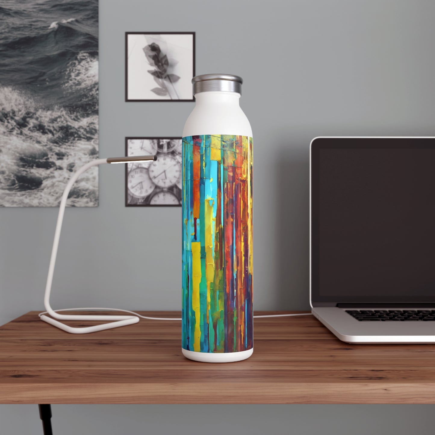 Striped Alpha Slim Water Bottle, 20 oz White