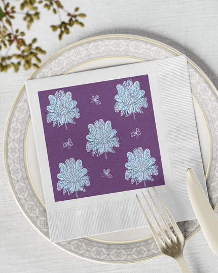 Blue Floral Butterflies White Coined Napkins, 6.5" x 6.5"