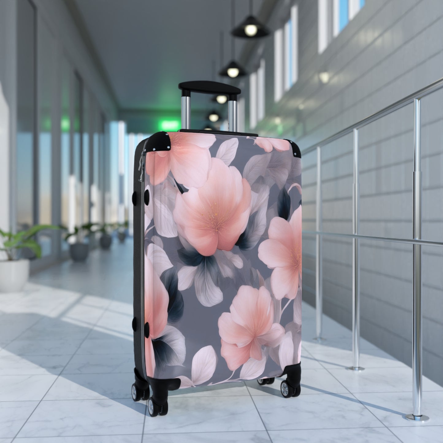 Peach and Blue Gray Floral Bunch Medium Suitcase with built in lock, 4 double-wheels, telescopic handle, and ABS back hard-shell