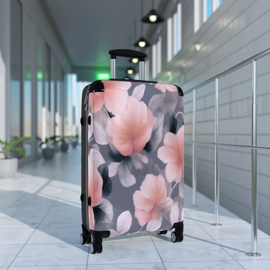 Peach and Blue Gray Floral Bunch Medium Suitcase with built in lock, 4 double-wheels, telescopic handle, and ABS back hard-shell