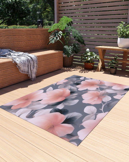 Peach and Blue Gray Floral Bunch Outdoor Rug, 48" x 72"