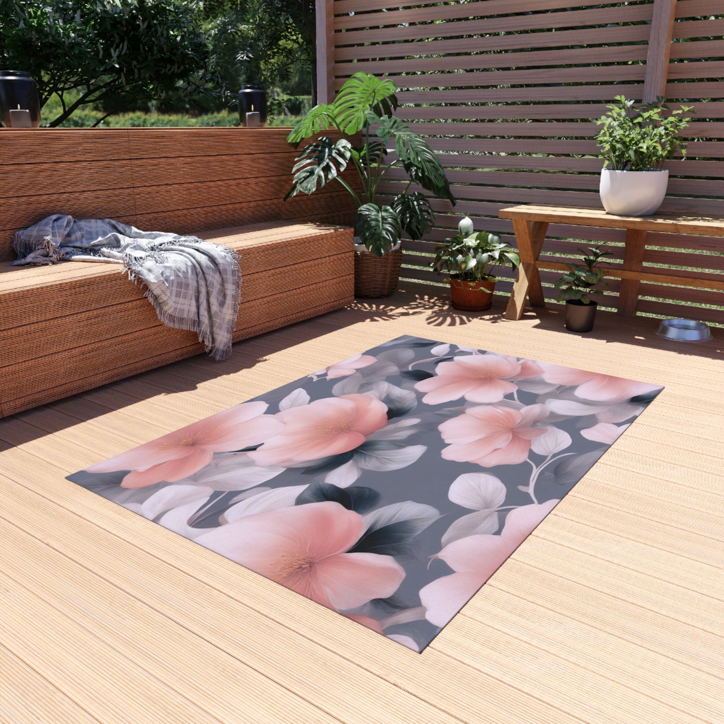 Peach and Blue Gray Floral Bunch Outdoor Rug, 48" x 72"