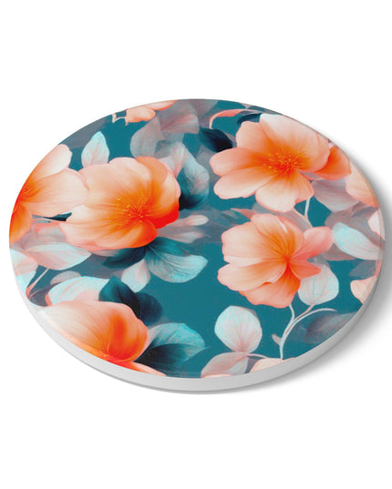 Orange Blossom Floral Bunch Round Ceramic Coaster, 4" x 4"